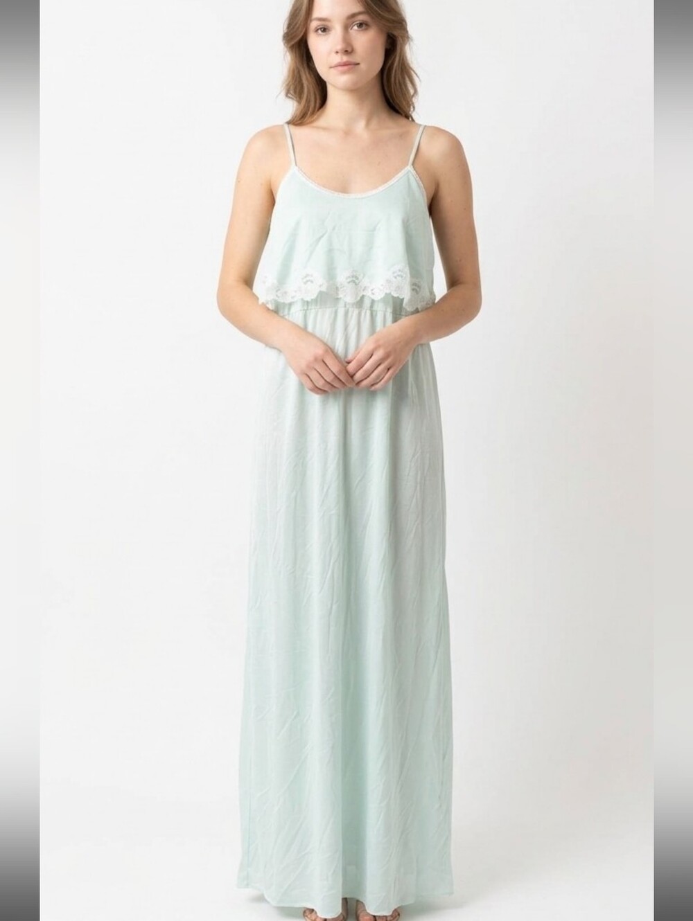 Vtg 70s Light Blue Lace-Trim Maxi Full Length Slip Dress Lingerie Nightgown